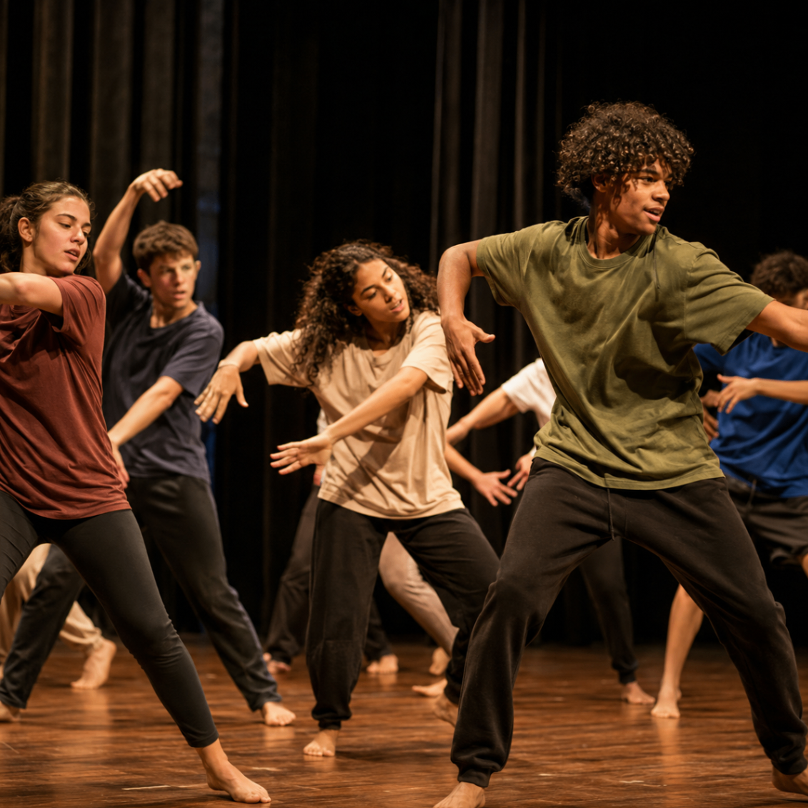 Jovens em apresentação de dança e expressão corporal no palco