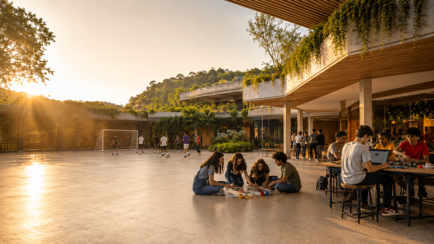 Estudantes em ambiente escolar integrado, com esporte e atividades colaborativas ao pôr do sol