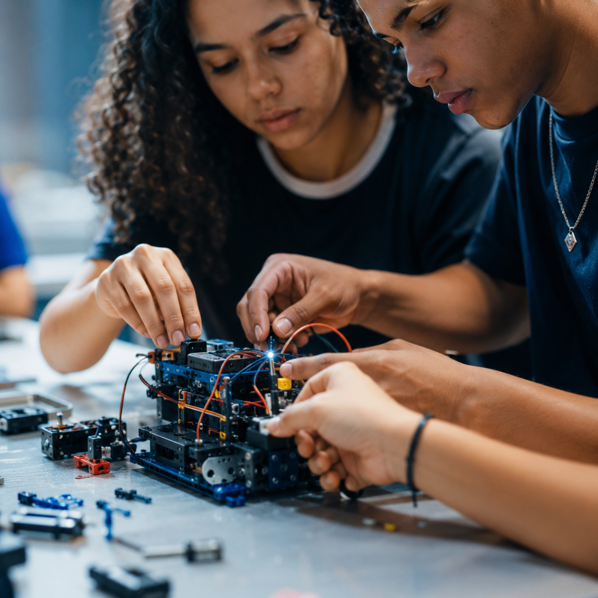 Estudantes montando equipamento tecnológico em atividade maker colaborativa