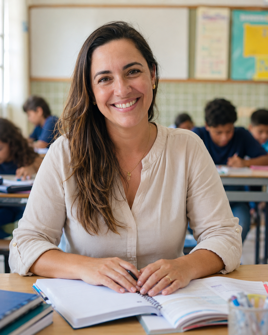 Professora sorrindo em sala de aula com estudantes ao fundo