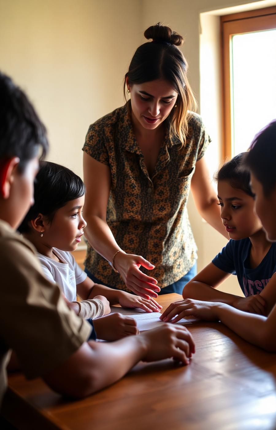 Professora mediando atividade prática com pequeno grupo de estudantes