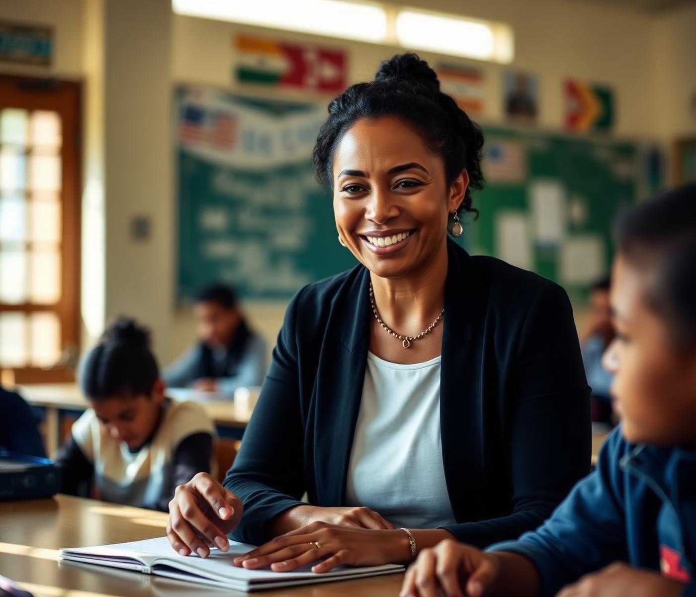 Educadora inspirando estudantes em sala de aula